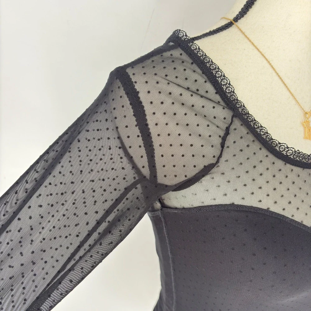 Abercrombie &‎ Fitch Bodysuit XS Black Long Sleeve Mesh Polka Dot Lace  Trim